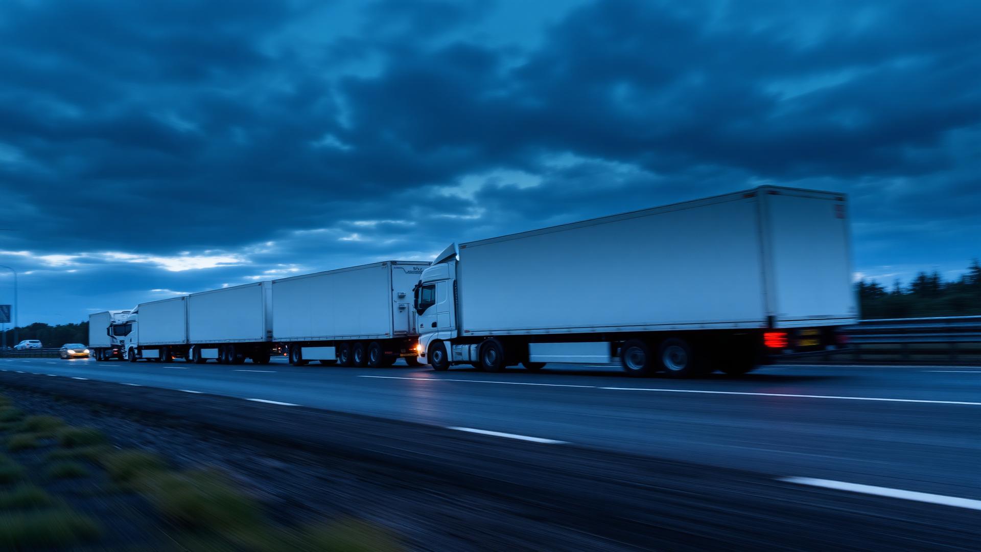 Articulated HGVs on UK motorway at dusk